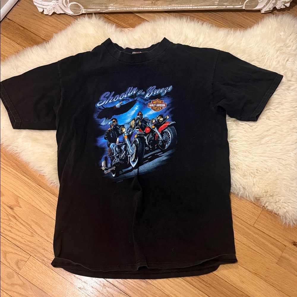 Harley-Davidson Vintage Rare Black Tee with Blue Motorcycle Graphic